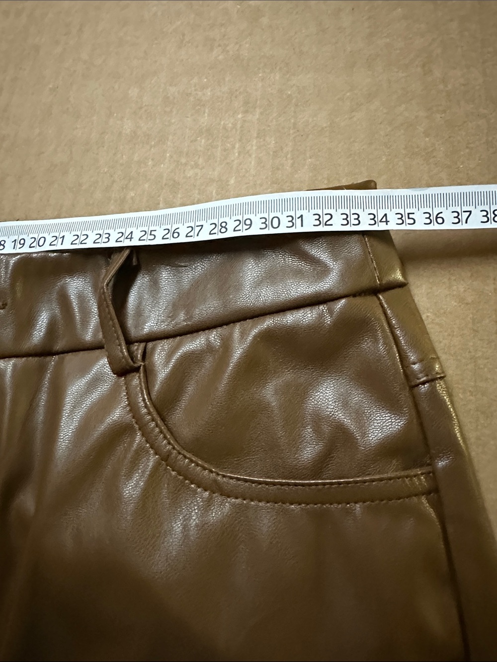 Faux brown leather pants fitted mid rise